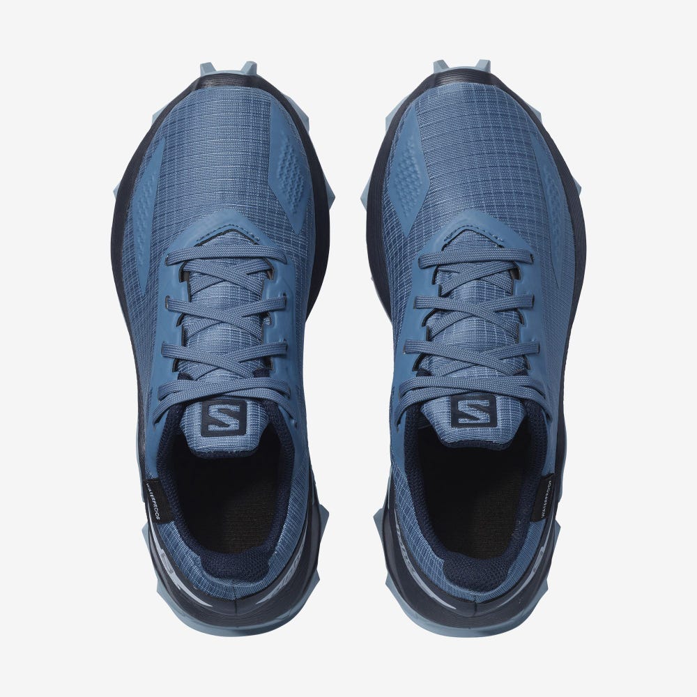 Kids' Salomon ALPHACROSS BLAST CLIMASALOMON™ WATERPROOF Trail Running Shoes Blue/Navy/Blue | COWJ-38407