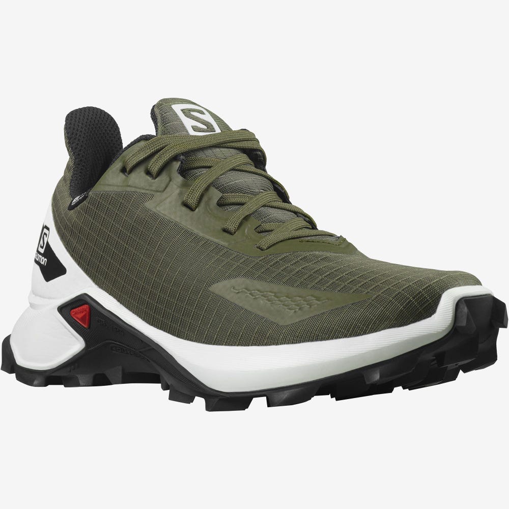 Kids' Salomon ALPHACROSS BLAST CLIMASALOMON™ WATERPROOF Trail Running Shoes Olive/White/Black | CPLO-75186
