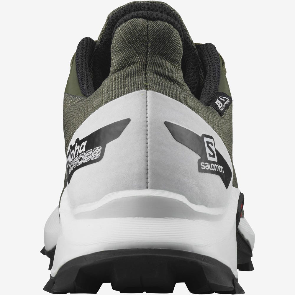 Kids' Salomon ALPHACROSS BLAST CLIMASALOMON™ WATERPROOF Trail Running Shoes Olive/White/Black | CPLO-75186