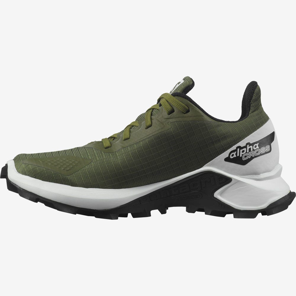 Kids' Salomon ALPHACROSS BLAST CLIMASALOMON™ WATERPROOF Trail Running Shoes Olive/White/Black | CPLO-75186