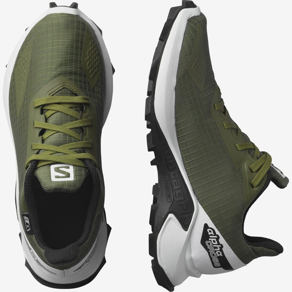 Kids' Salomon ALPHACROSS BLAST CLIMASALOMON™ WATERPROOF Trail Running Shoes Olive/White/Black | CPLO-75186
