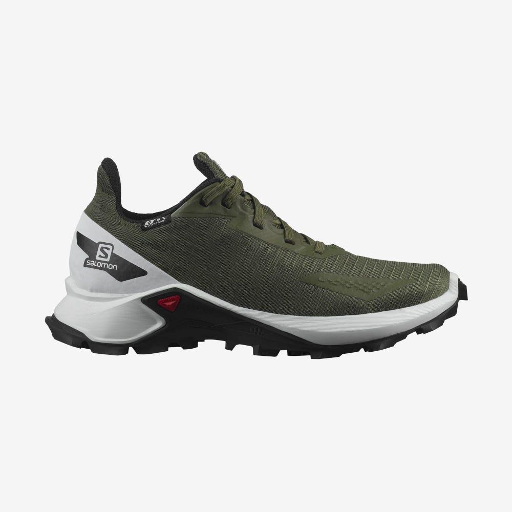 Kids\' Salomon ALPHACROSS BLAST CLIMASALOMON™ WATERPROOF Trail Running Shoes Olive/White/Black | CPLO-75186