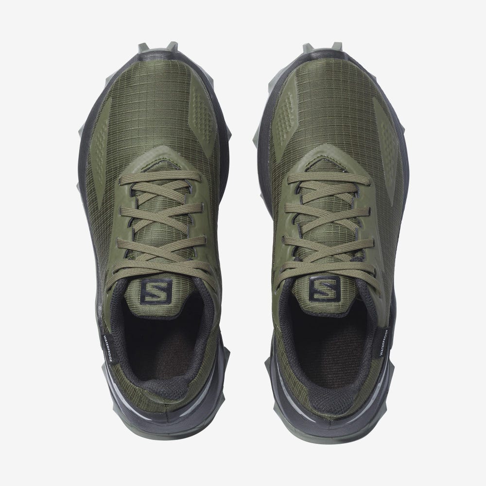Kids' Salomon ALPHACROSS BLAST CLIMASALOMON™ WATERPROOF Trail Running Shoes Olive/Black/Grey | KZUH-68740