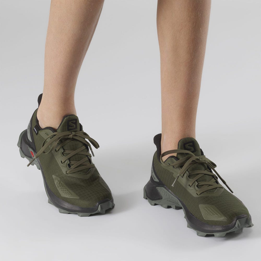 Kids' Salomon ALPHACROSS BLAST CLIMASALOMON™ WATERPROOF Trail Running Shoes Olive/Black/Grey | KZUH-68740