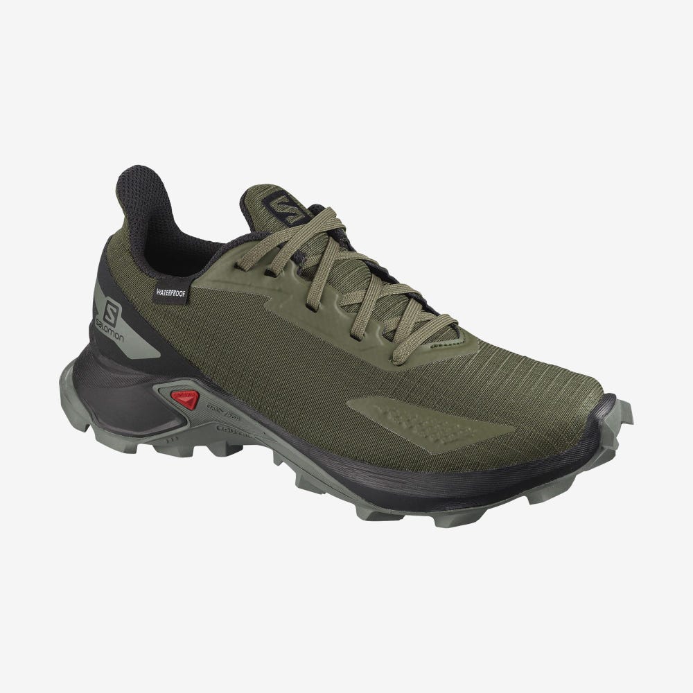 Kids\' Salomon ALPHACROSS BLAST CLIMASALOMON™ WATERPROOF Trail Running Shoes Olive/Black/Grey | KZUH-68740