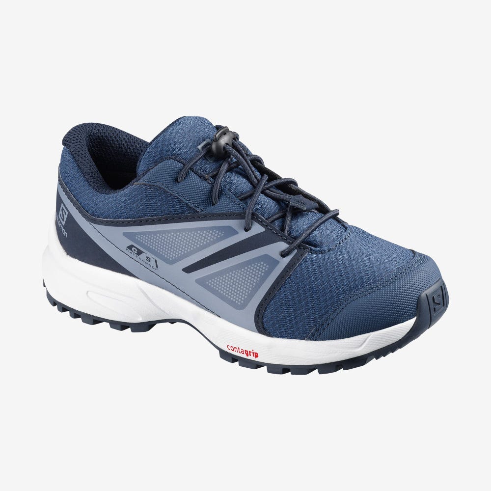 Kids\' Salomon SENSE CLIMASALOMON™ WATERPROOF Trail Running Shoes Navy/Grey | KXPQ-86071