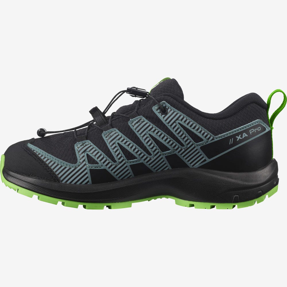 Kids' Salomon XA PRO V8 CLIMASALOMON™ WATERPROOF Trail Running Shoes Black/Green | HOUQ-64078