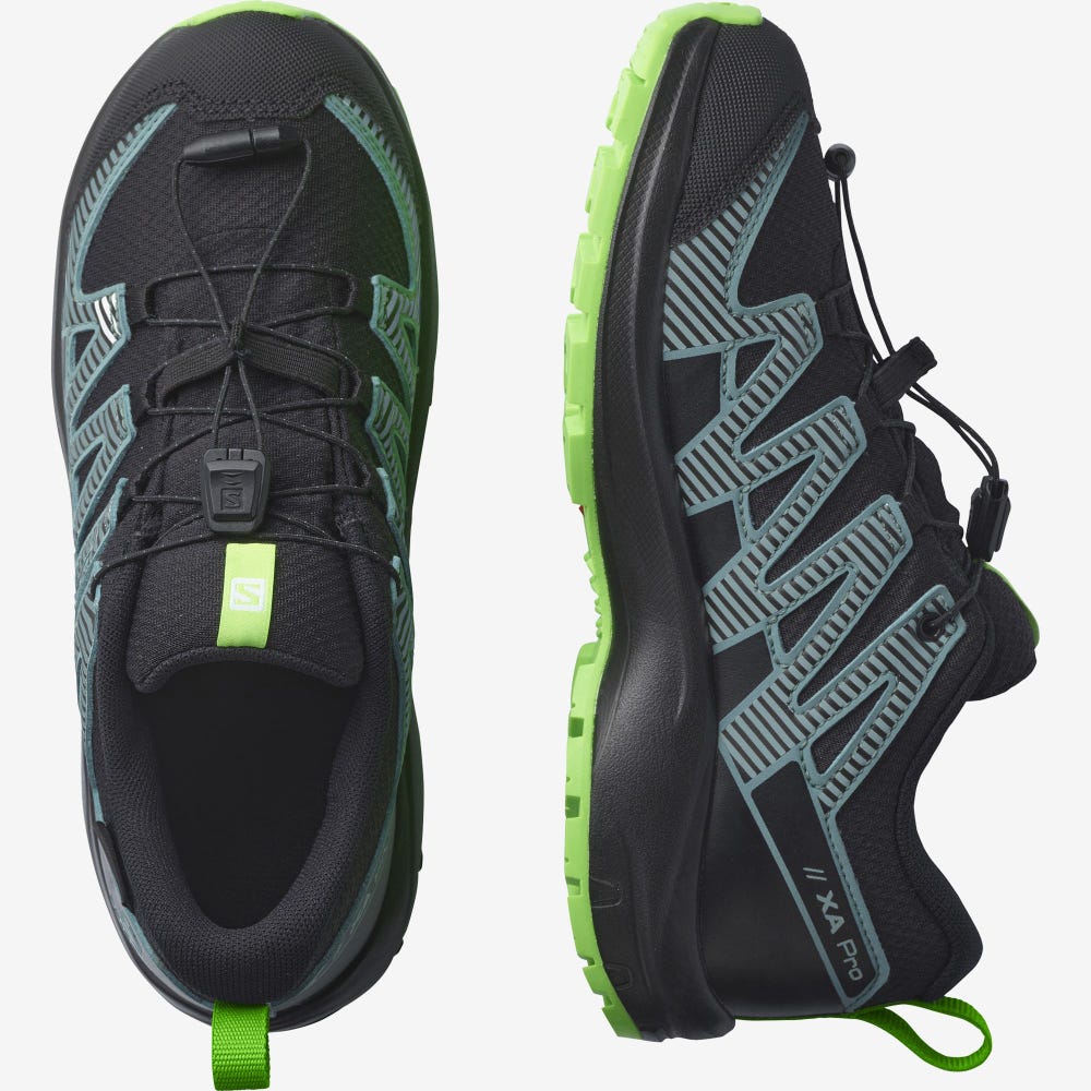 Kids' Salomon XA PRO V8 CLIMASALOMON™ WATERPROOF Trail Running Shoes Black/Green | HOUQ-64078