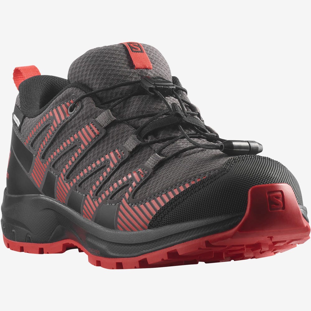 Kids' Salomon XA PRO V8 CLIMASALOMON™ WATERPROOF Trail Running Shoes Grey/Black/Red | QJBU-76851