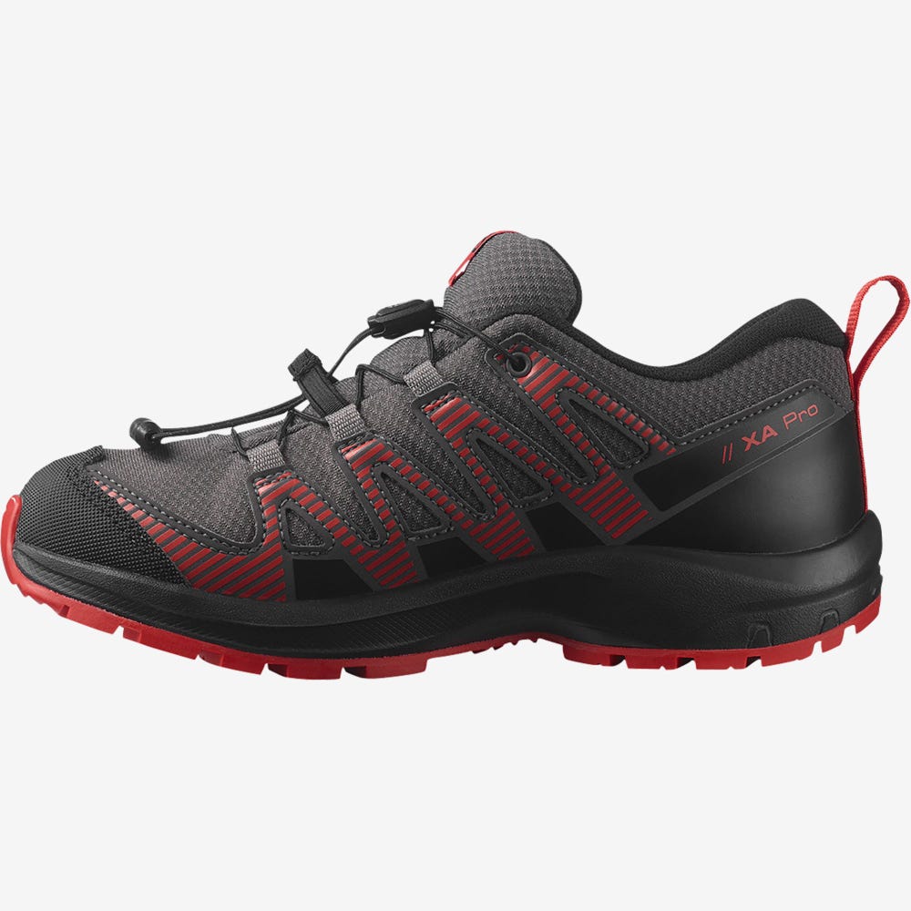 Kids' Salomon XA PRO V8 CLIMASALOMON™ WATERPROOF Trail Running Shoes Grey/Black/Red | QJBU-76851