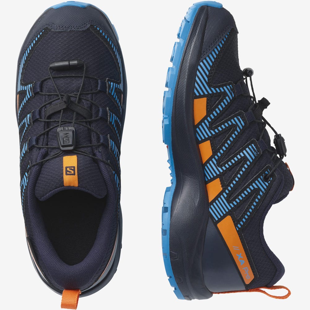 Kids' Salomon XA PRO V8 CLIMASALOMON™ WATERPROOF Trail Running Shoes Navy/Orange | SCUV-40591