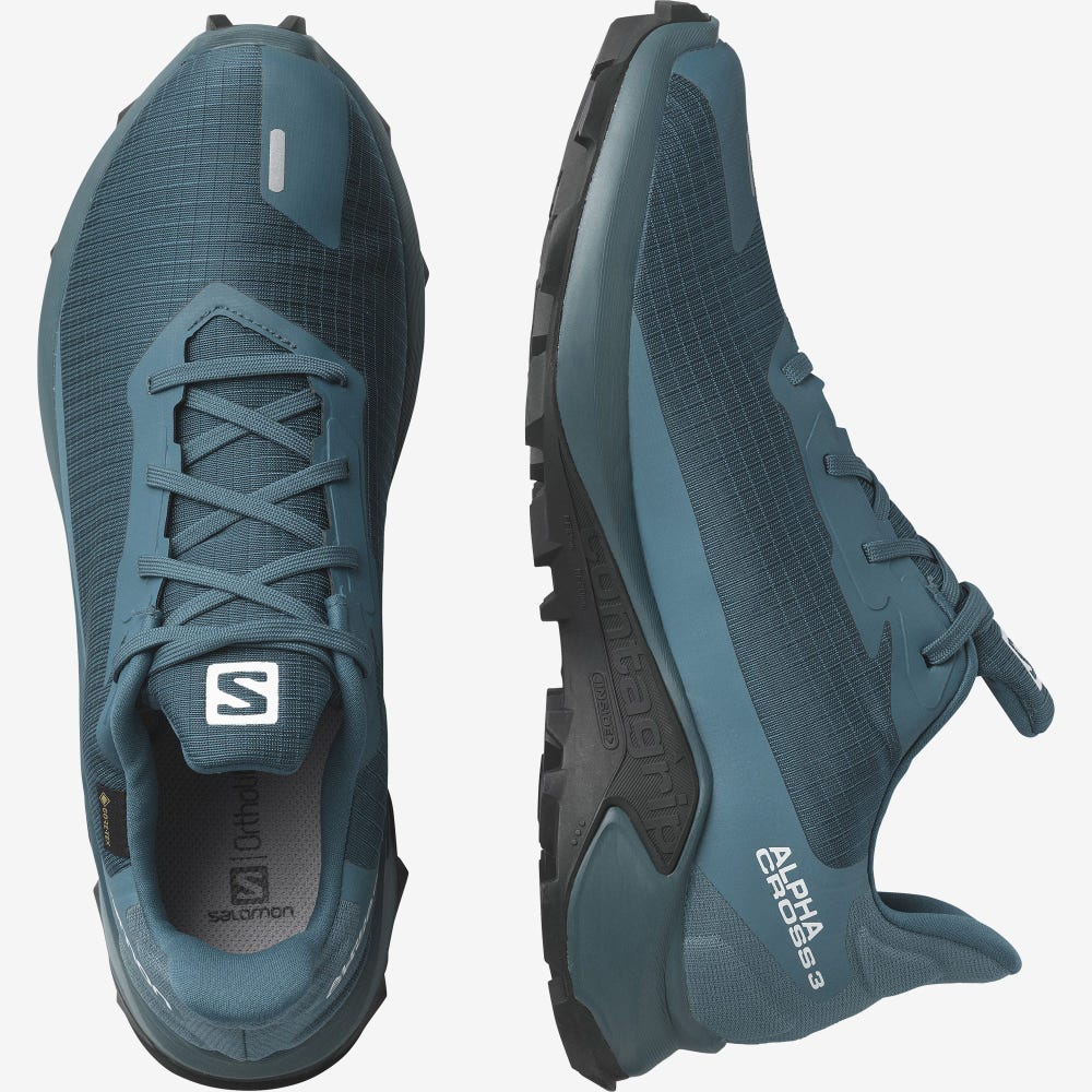 Men's Salomon ALPHACROSS 3 GORE-TEX Trail Running Shoes Blue | CBQA-81092