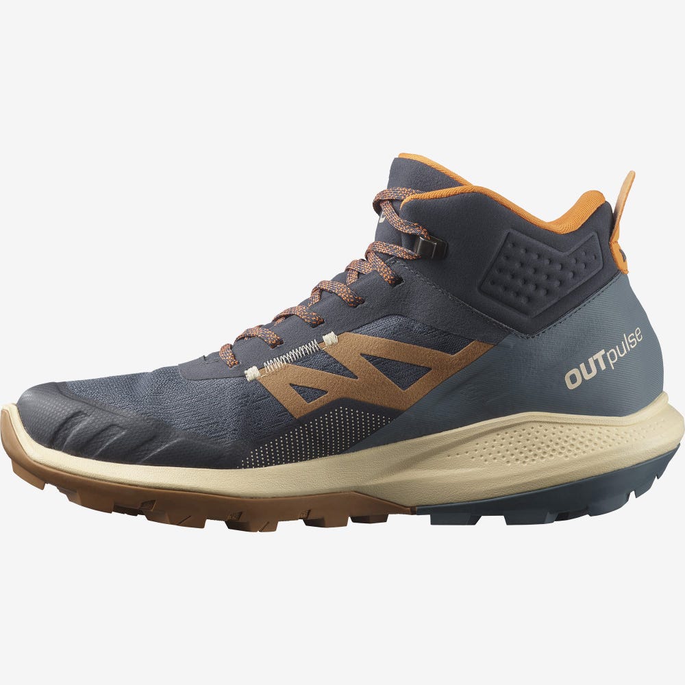 Men's Salomon OUTPULSE MID GORE-TEX Hiking Boots Grey/Brown/Orange | WUCV-83247