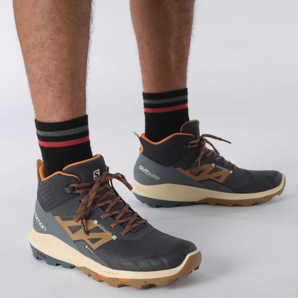 Men's Salomon OUTPULSE MID GORE-TEX Hiking Boots Grey/Brown/Orange | WUCV-83247