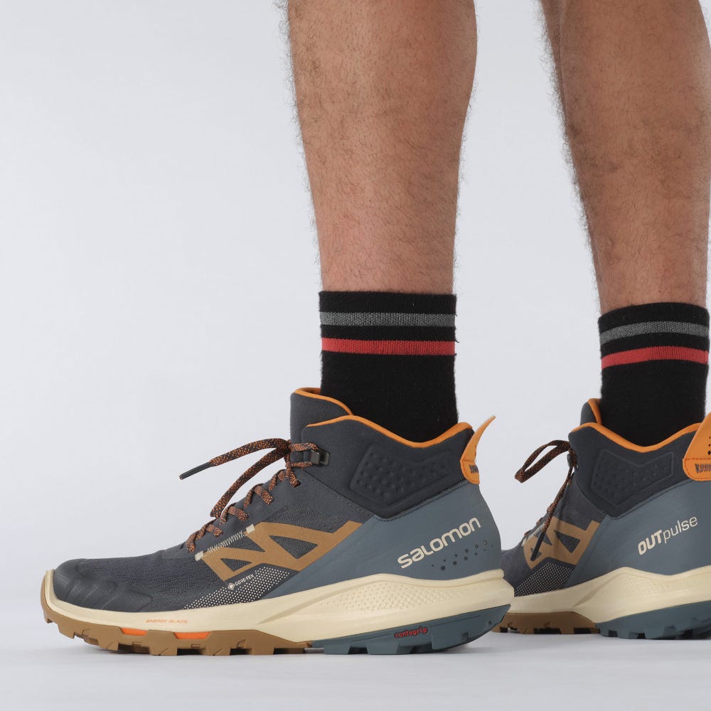 Men's Salomon OUTPULSE MID GORE-TEX Hiking Boots Grey/Brown/Orange | WUCV-83247