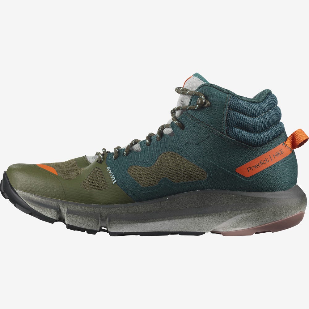 Men's Salomon PREDICT HIKE MID GORE-TEX Hiking Boots Deep Green/Olive/Red Orange | HYBD-52387