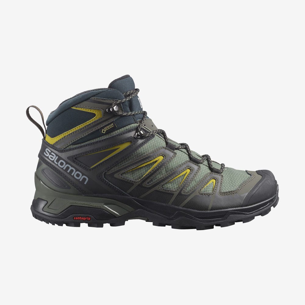 Men\'s Salomon X ULTRA 3 MID GORE-TEX Hiking Boots Grey/Black/Green | USWI-83594
