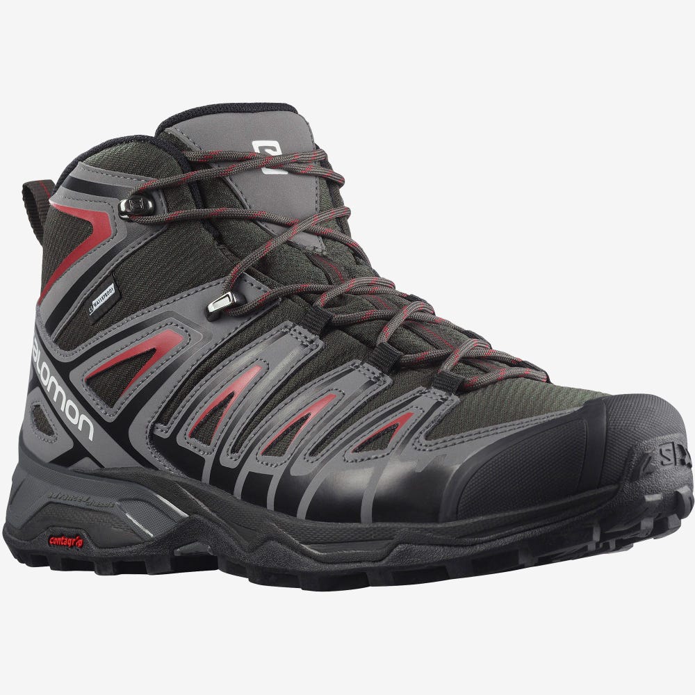 Men's Salomon X ULTRA PIONEER MID CLIMASALOMON™ WATERPROOF Hiking Boots Olive/Red | KINZ-93054