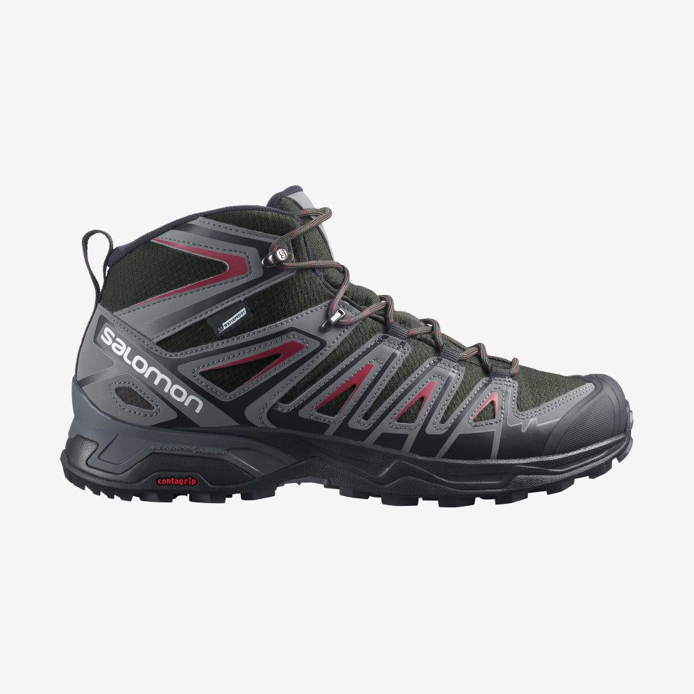 Men\'s Salomon X ULTRA PIONEER MID CLIMASALOMON™ WATERPROOF Hiking Boots Olive/Red | KINZ-93054
