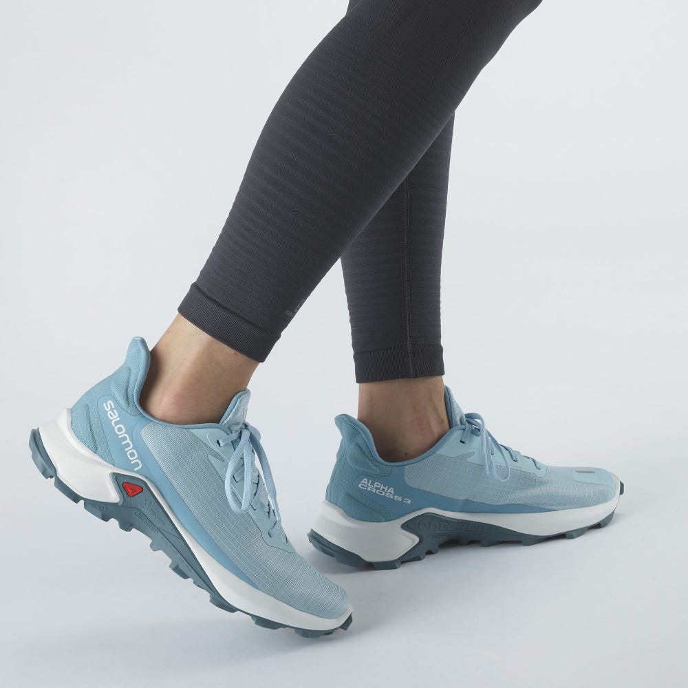 Women's Salomon ALPHACROSS 3 Trail Running Shoes Blue/White/Blue | YSMO-73194