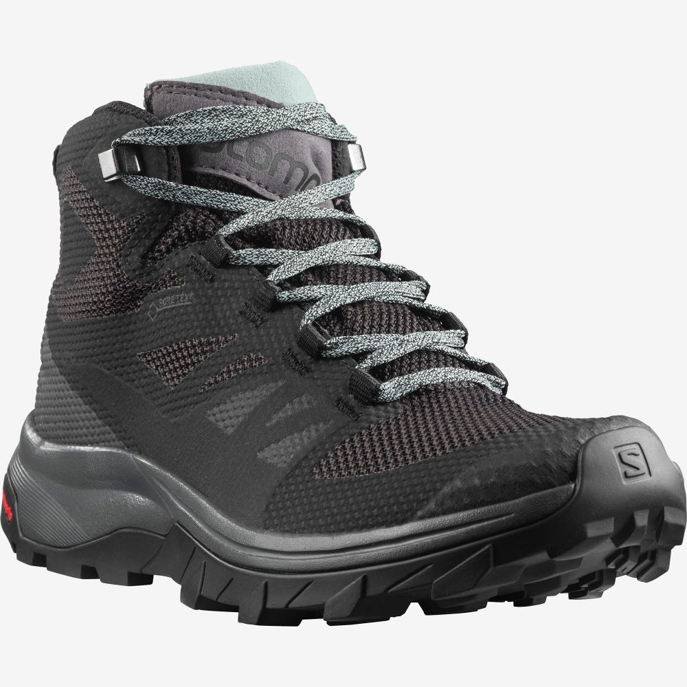 Women's Salomon OUTLINE MID GORE-TEX Hiking Boots Black/Green | DPXO-65912