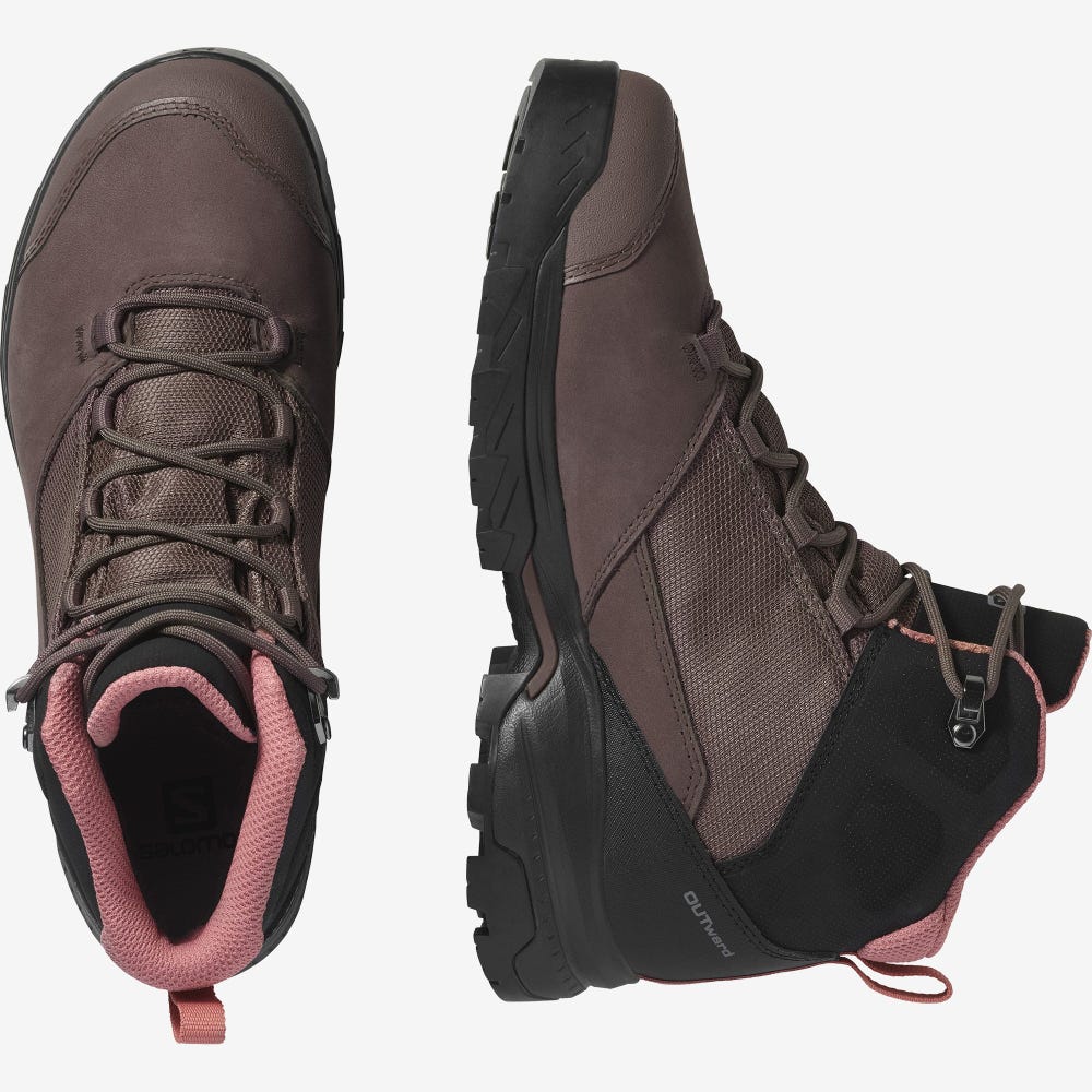 Women's Salomon OUTWARD GORE-TEX Hiking Boots Black/Dark Red | TRJW-67290