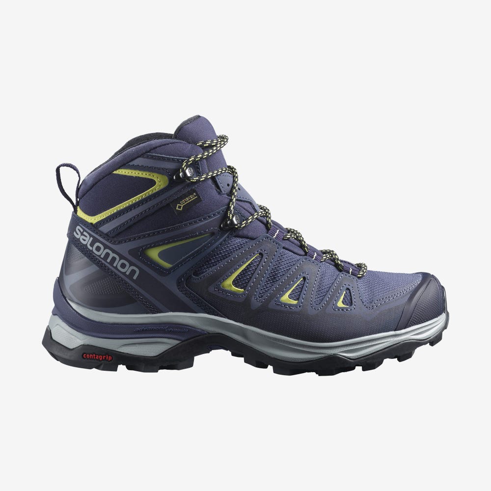 Women\'s Salomon X ULTRA 3 WIDE MID GORE-TEX Hiking Boots Blue/Light Green | YNIB-05483