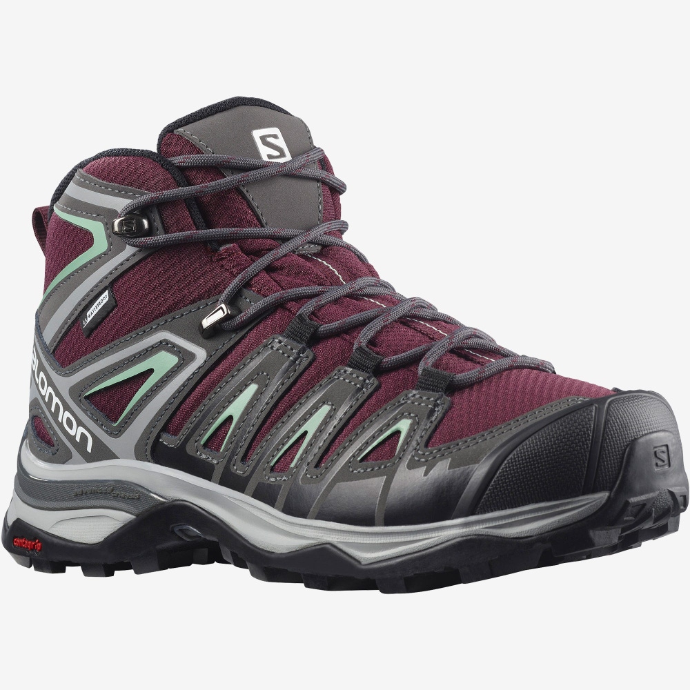 Women's Salomon X ULTRA PIONEER MID CLIMASALOMON™ WATERPROOF Hiking Boots Burgundy/Grey Green | GRPE-10497