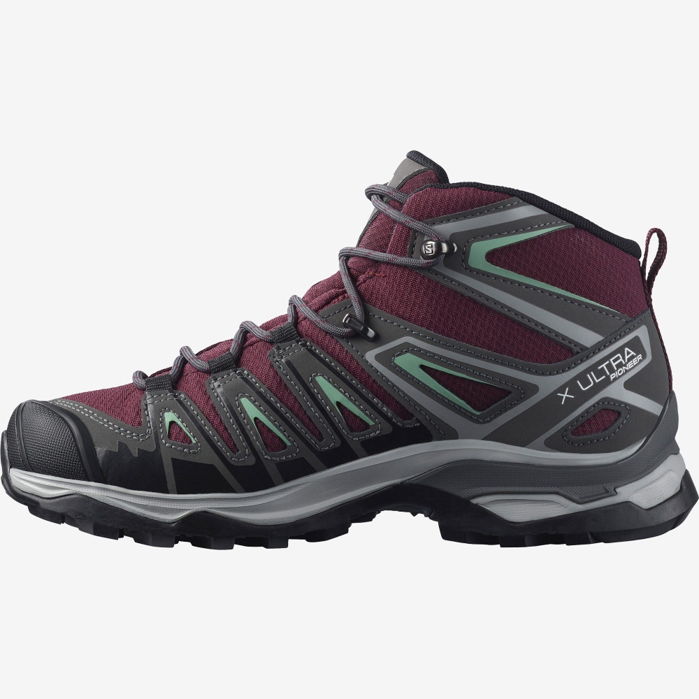 Women's Salomon X ULTRA PIONEER MID CLIMASALOMON™ WATERPROOF Hiking Boots Burgundy/Grey Green | GRPE-10497