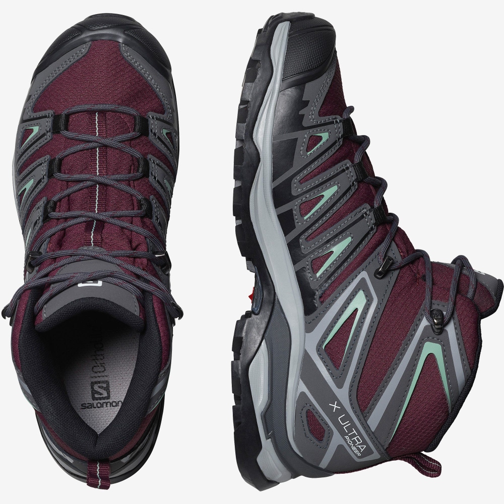Women's Salomon X ULTRA PIONEER MID CLIMASALOMON™ WATERPROOF Hiking Boots Burgundy/Grey Green | GRPE-10497